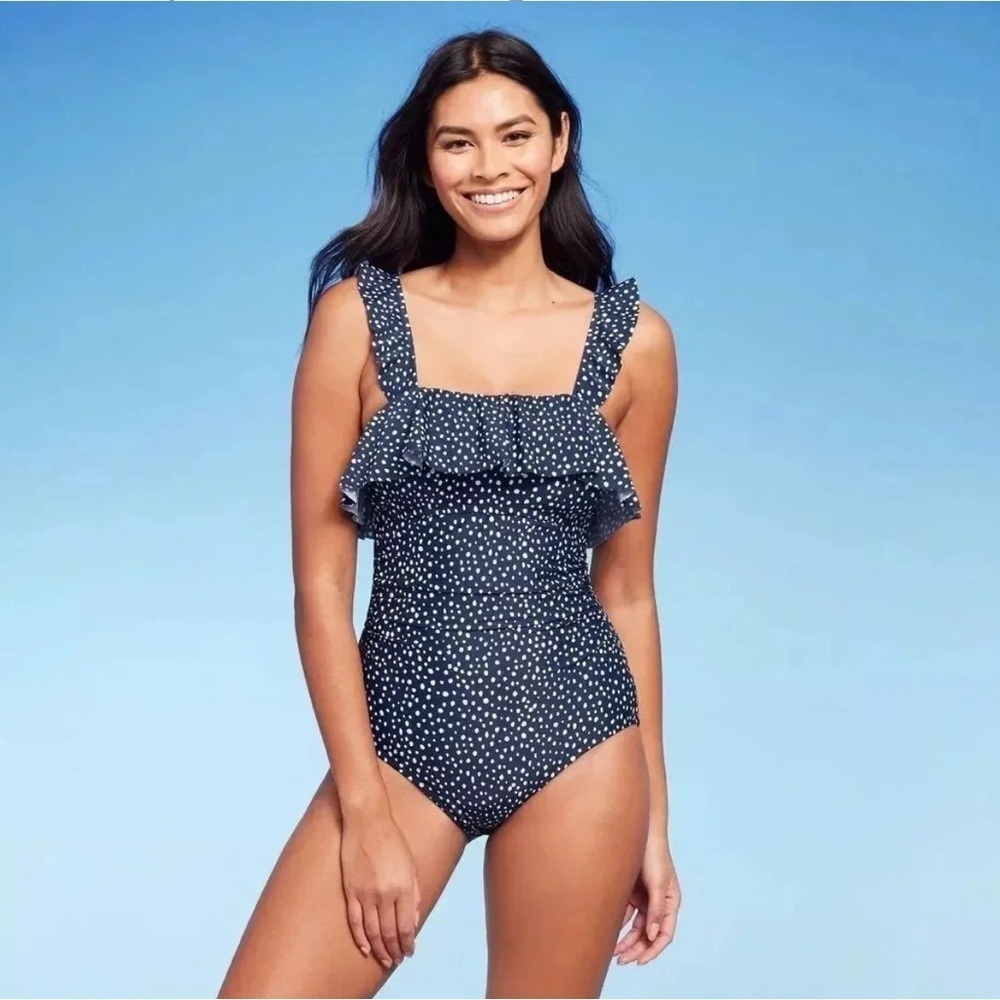 NWT Kona Sol Blue Polka Dot Ruffle Swimsuit